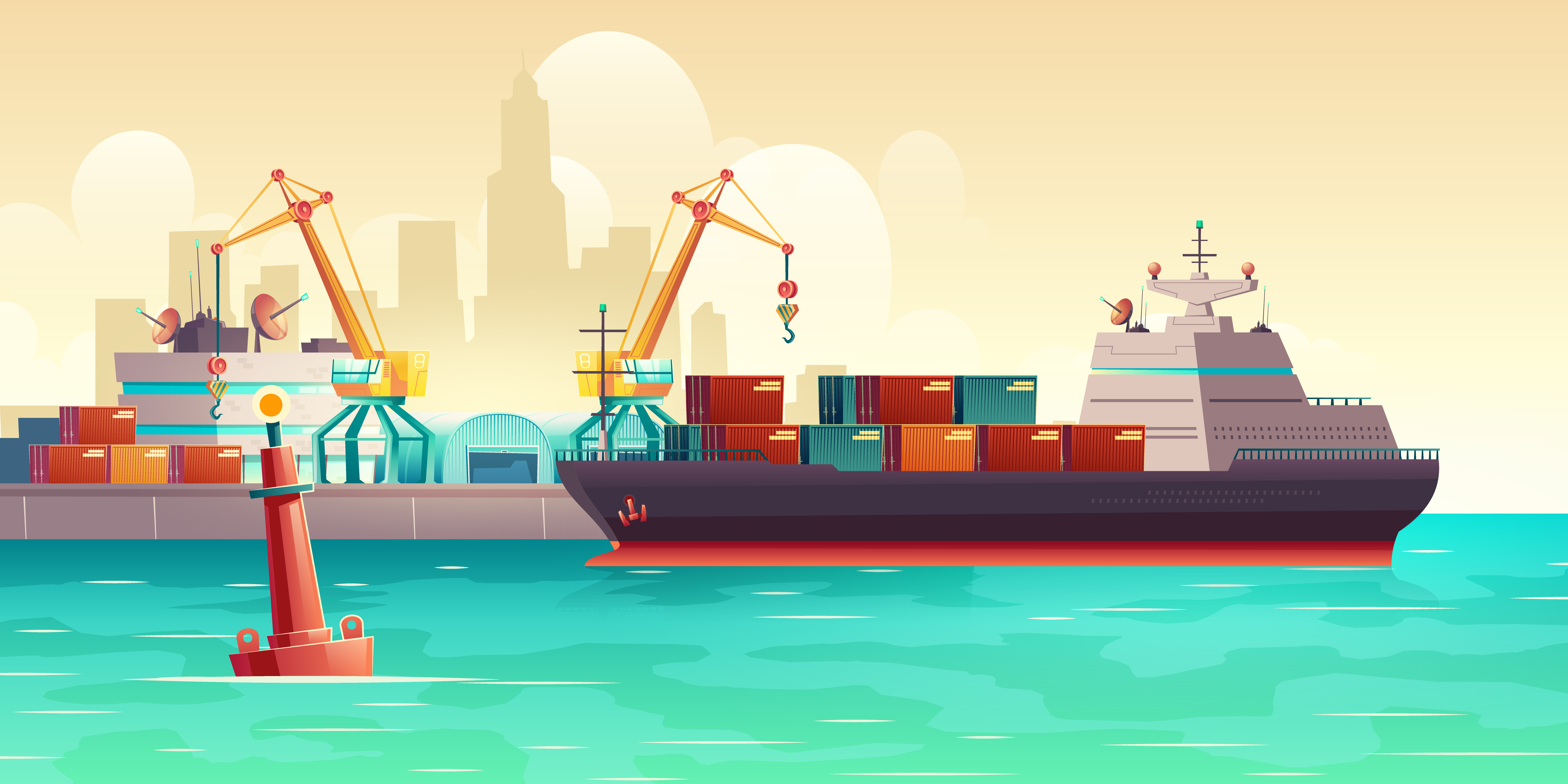 Port Scene with Cargo Ship